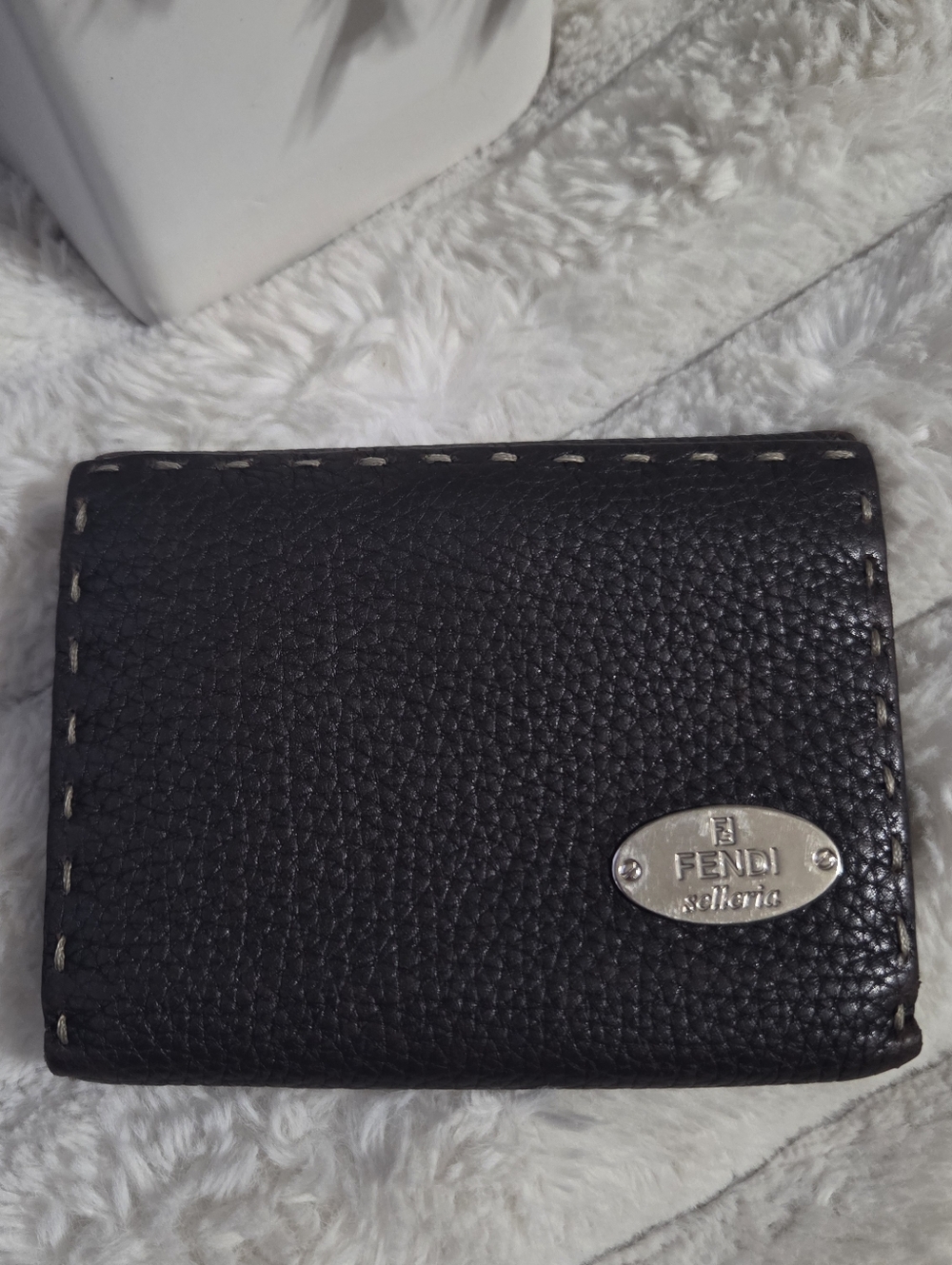 FENDI Dark Brown Selleria Grained Leather Bifold Wallet‎ Saddle Stitch Vtg